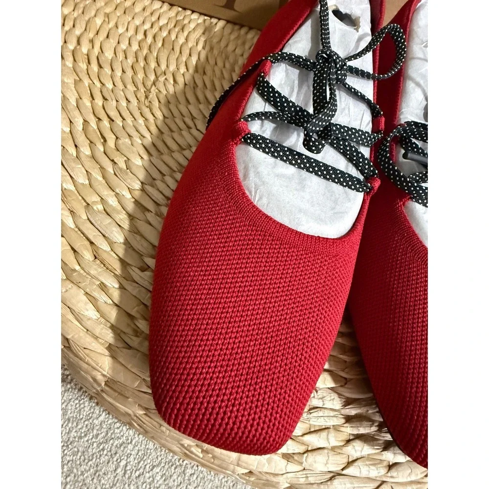 Vivaia Red Square Toe Knit Ballet Flats Lace Up Polka Dot size‎  EU/39 US/8
